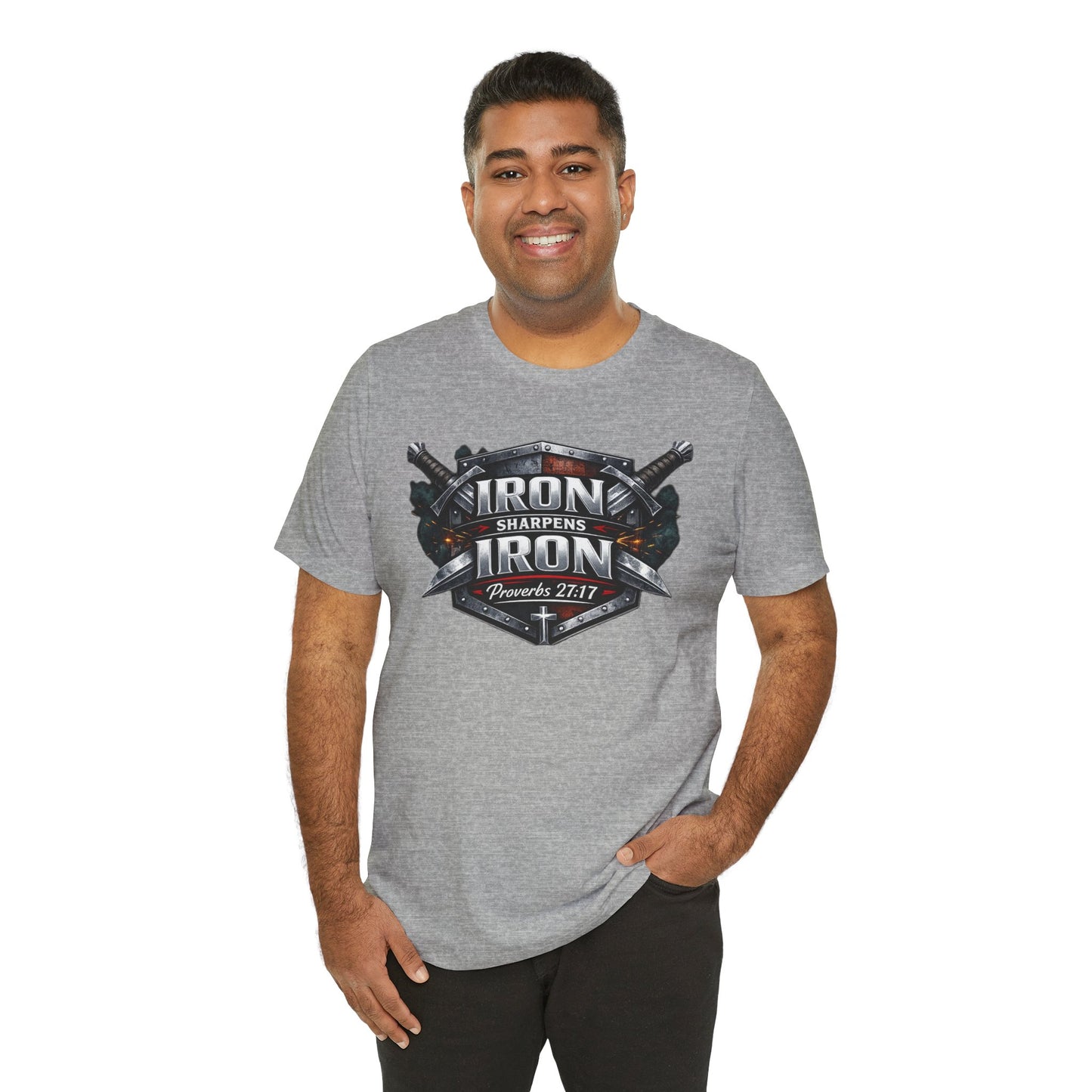 Iron Sharpens Iron T-Shirt — Faith-Based Proverbs 27:17 Graphic Tee