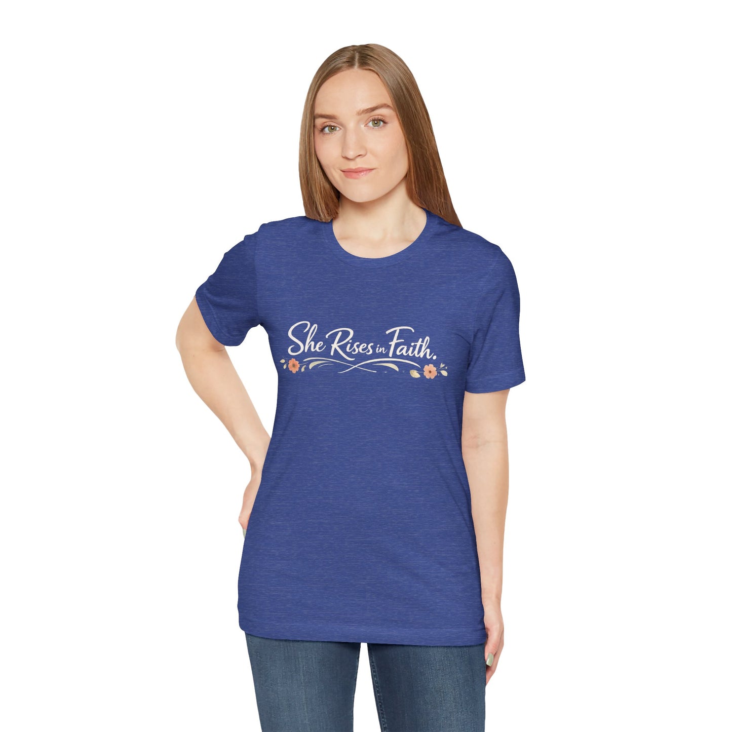 "She Rises In Faith" Chest Tee – Delicate Peach Blossom Graphic