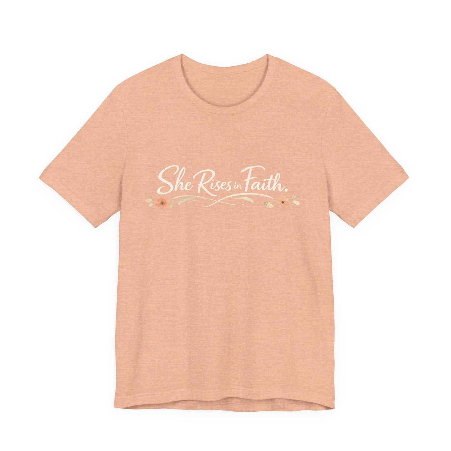 "She Rises In Faith" Chest Tee – Delicate Peach Blossom Graphic