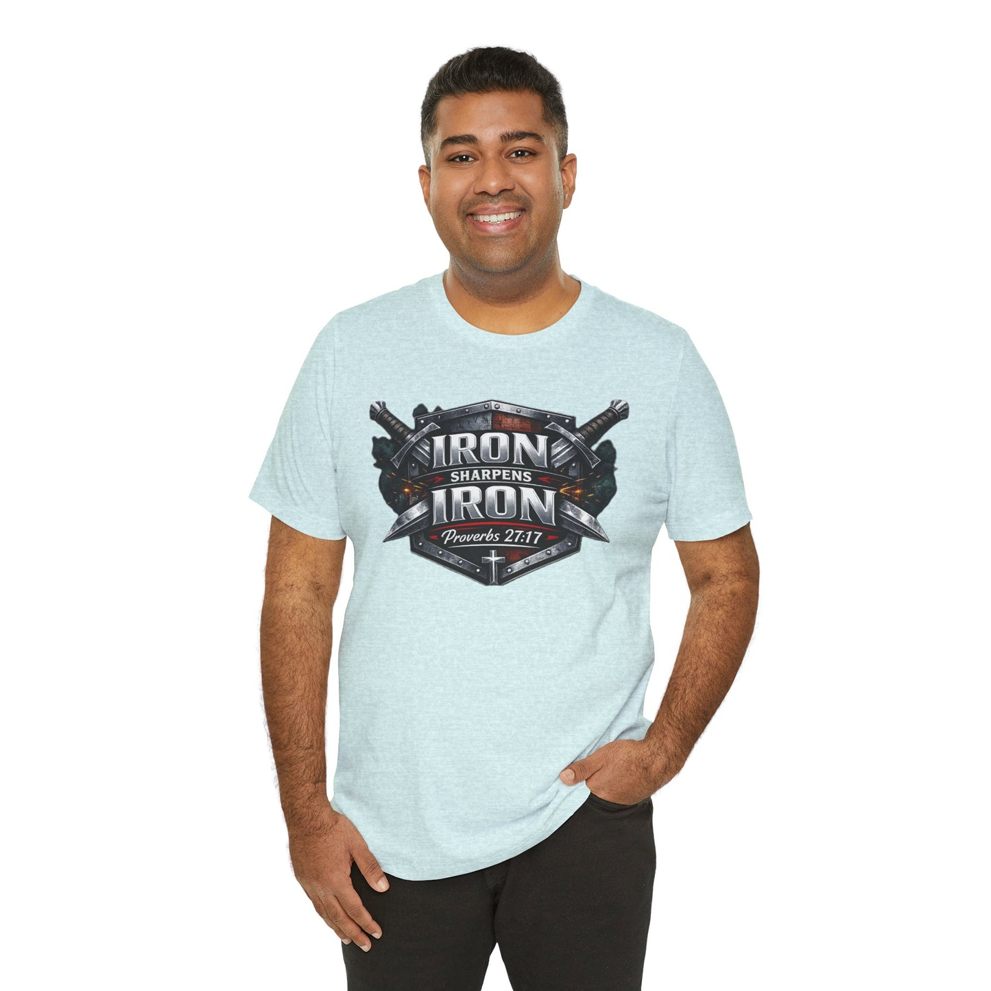 Iron Sharpens Iron T-Shirt — Faith-Based Proverbs 27:17 Graphic Tee
