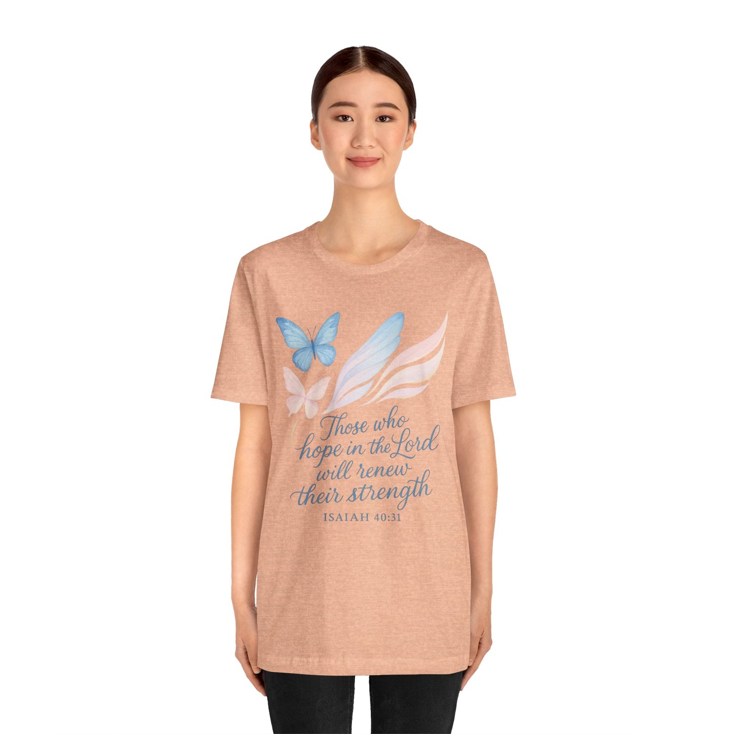 Inspirational Scripture T-Shirt – "Those Who Hope in the Lord" Isaiah 40:31, Pastel Butterflies