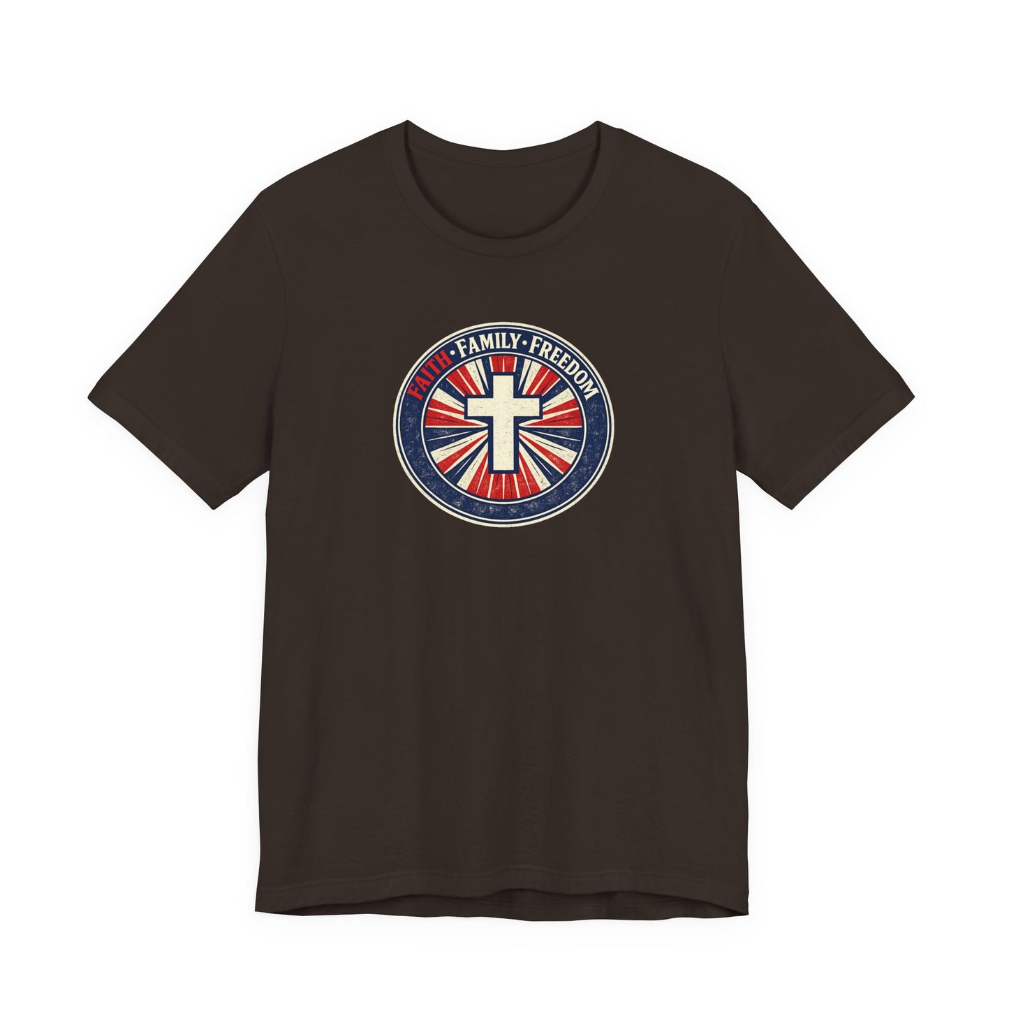 Faith Family Freedom T‑Shirt — Cross Emblem Patriotic Graphic Tee