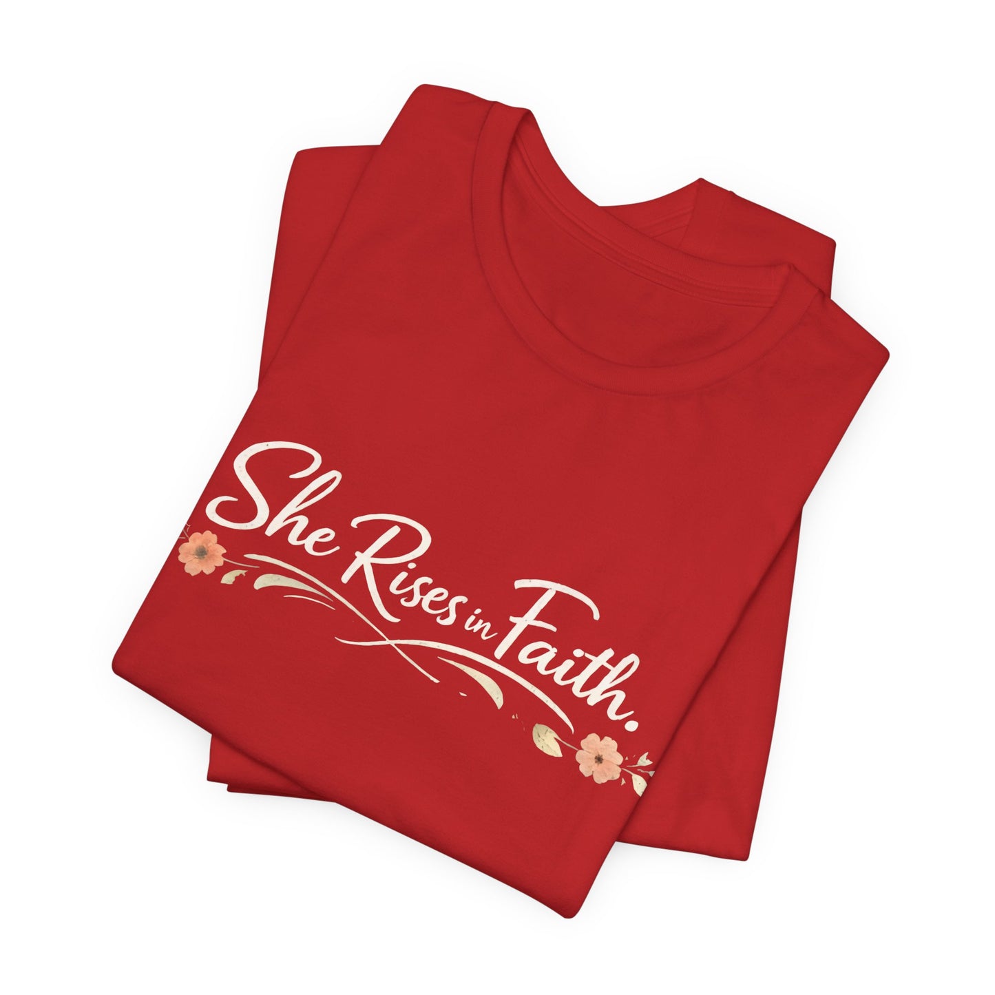 "She Rises In Faith" Chest Tee – Delicate Peach Blossom Graphic