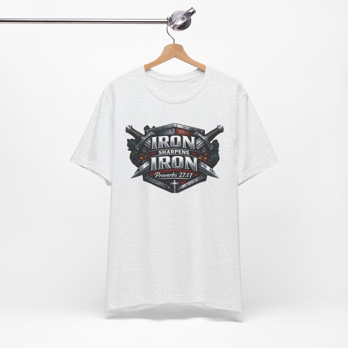 Iron Sharpens Iron T-Shirt — Faith-Based Proverbs 27:17 Graphic Tee